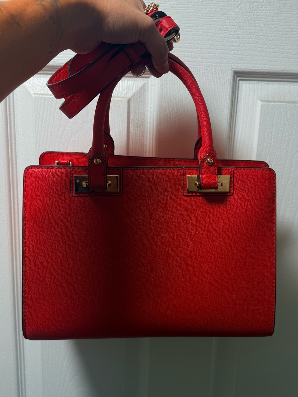 Michael Kors Red Structured Saffiano Satchel with Gold Hardware - Picture 3 of 4